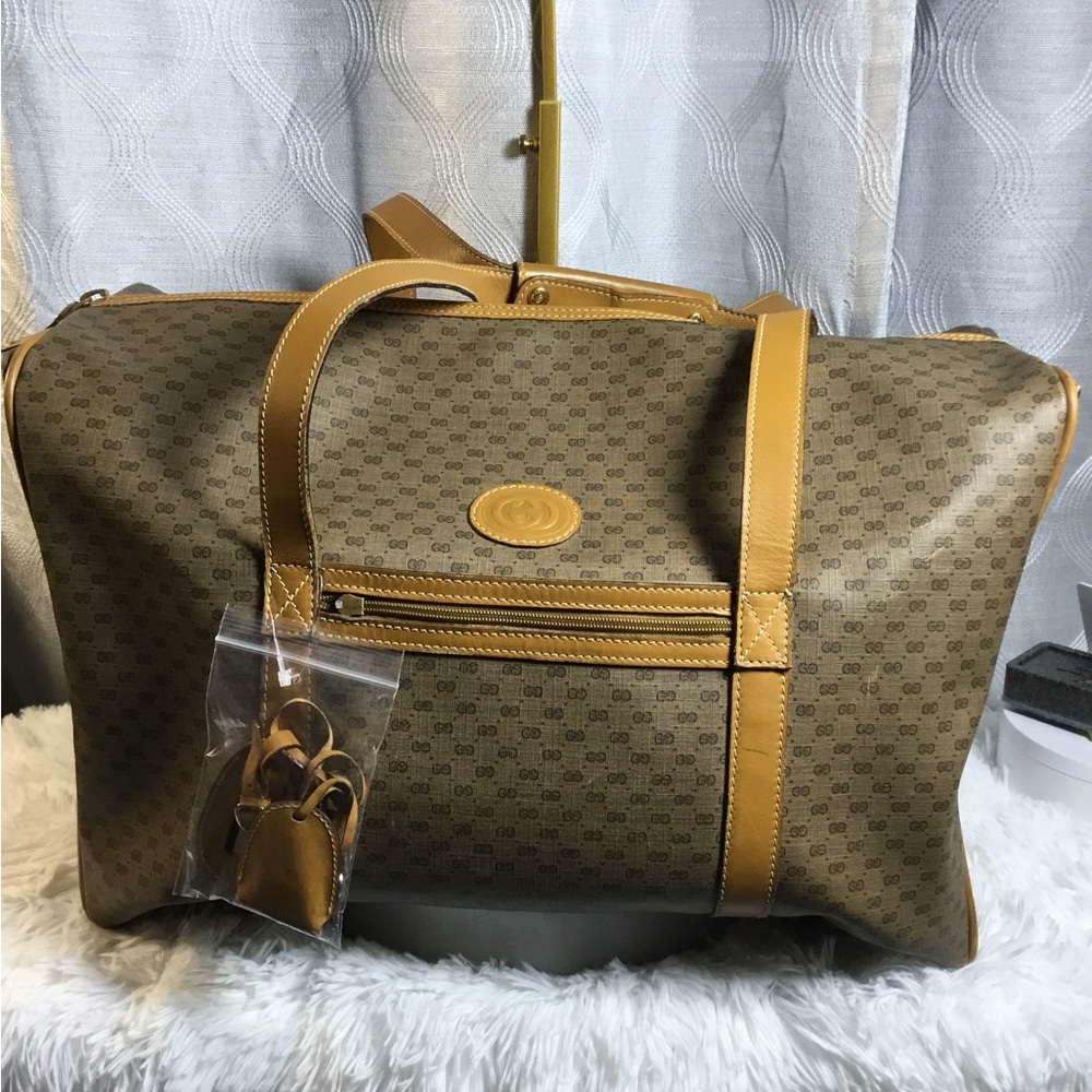 Gucci Brown Monogram Weekend Duffle with Tan Leather Trim